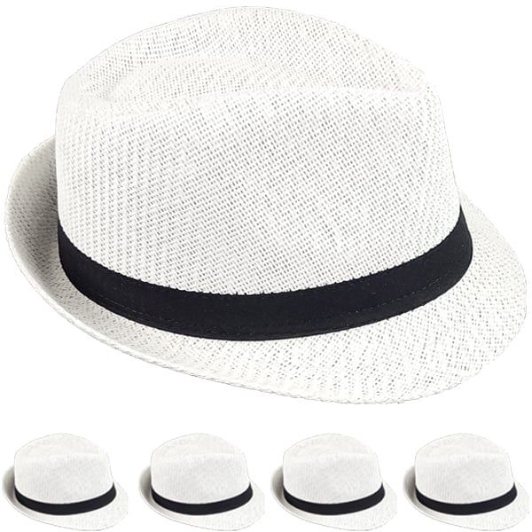12 Pieces of Elegant White Paper Straw Trilby Fedora Hat with Black Band