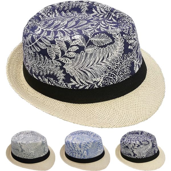 12 pieces of Leaf Pattern Adult Straw Trilby Fedora Hat Set with Black Band
