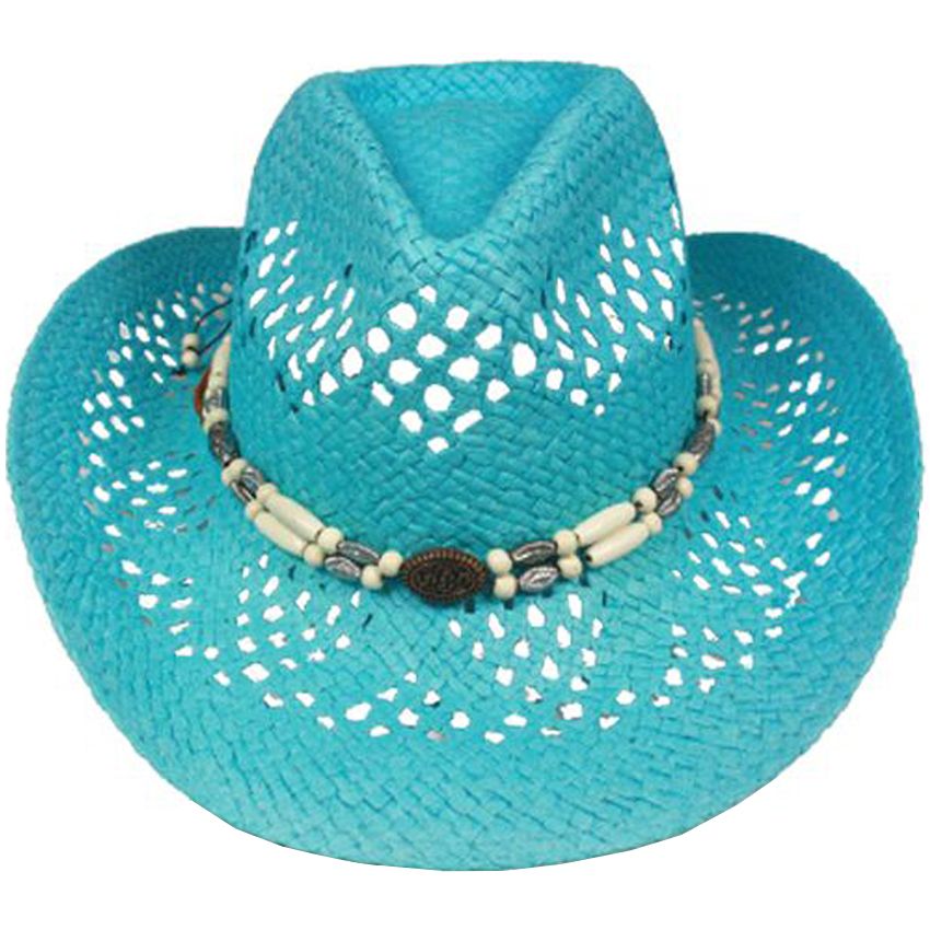 12 Wholesale Hollow Cool Blue Straw Beach Cowboy Hat at