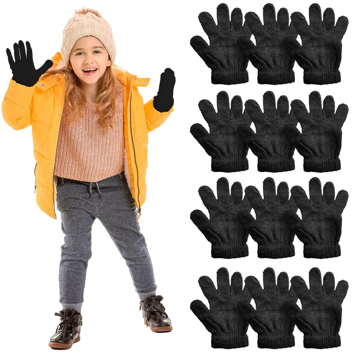 24 Pairs of Yacht And Smith Kid's Unisex Gloves In Solid Black