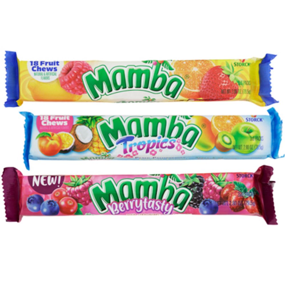 72 pieces of Mamba Fruit Chews Stick Pack 280 Oz 3 Assorted In Floor Display