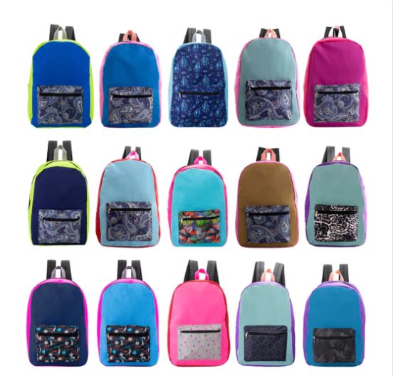 24 Pieces of 17" Kids Basic Backpack In Randomly Assorted Solid Colors With Prints