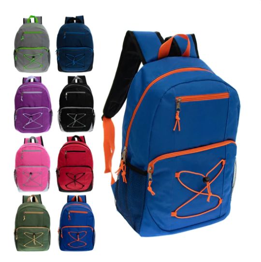 24 Pieces of 17" Bungee Wholesale Backpack In 8 Assorted Colors