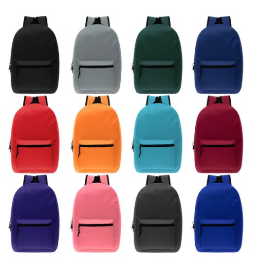 24 Pieces of 17" Kids Basic Wholesale Backpack In 12 Colors