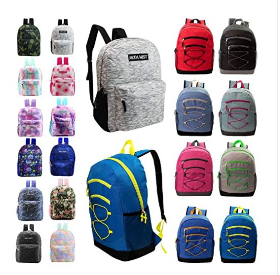 24 Pieces of 24 Pack Of 17" Bungee Deluxe And Classic Design Wholesale Backpack In Assorted Colors And Prints