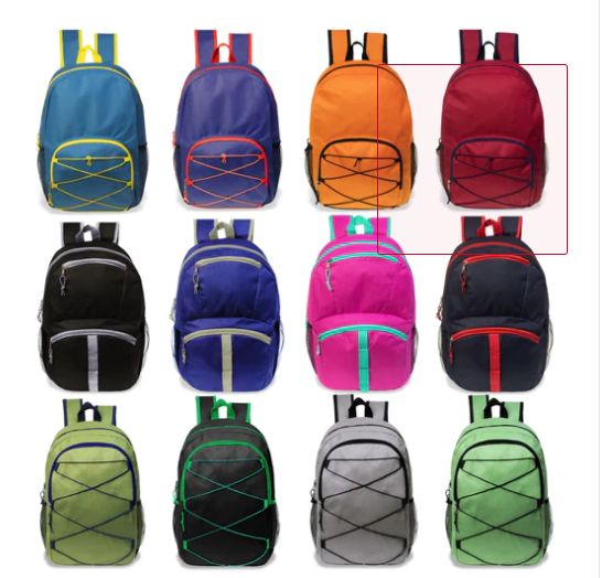 24 Pieces of 17" Bungee Wholesale Backpack In Assorted Colors And Styles