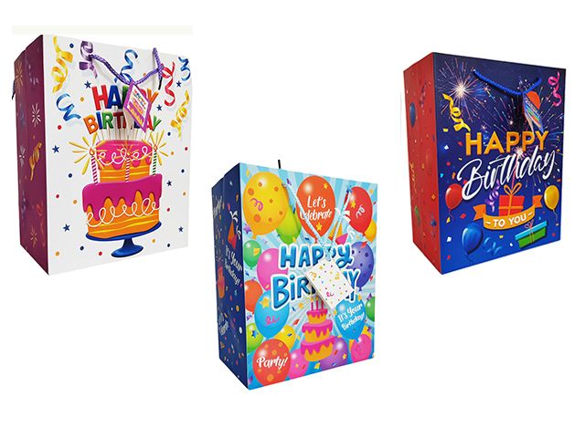 144 Pieces of Cardboard Small Birthday Gift Bags In 3 Assorted Designs