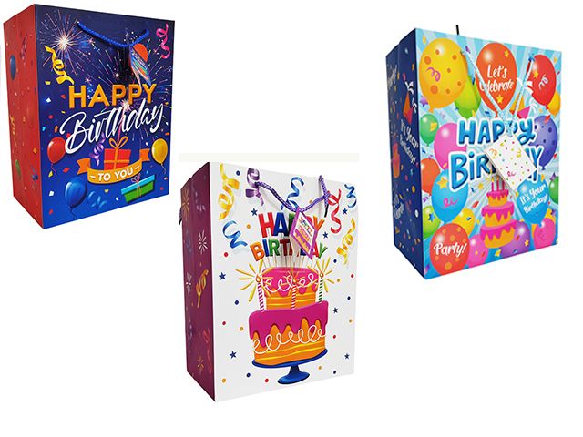 144 Pieces of Cardboard Medium Birthday Gift Bags In 3 Assorted Colors