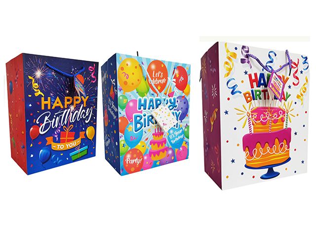 144 Pieces of Cardboard Large Birthday Gift Bags In 3 Assorted Colors