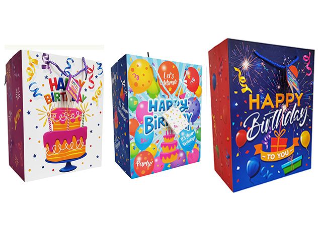 48 Pieces of Cardboard Xl Birthday Gift Bags In 3 Assorted Colors 22" X 16" X 8"