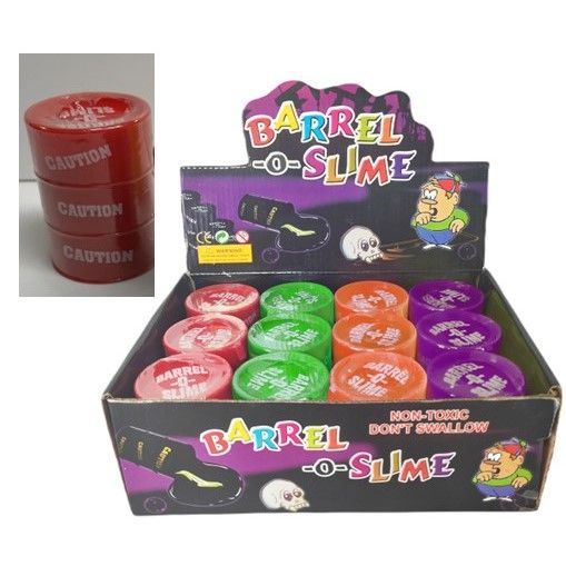 24 pieces of BarreL-O-Slime 4ast Colors 4oz Red/orng/purp/grn 12pc Pdq/label