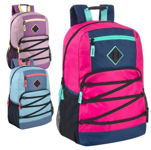 24 Pieces of Double Zippered Bungee Backpacks With Laptop Section - 3 Colors