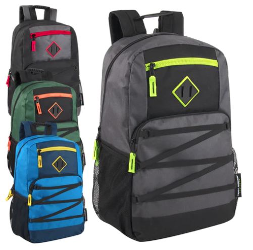 24 Pieces of Double Zippered Bungee Backpacks With Laptop Section - 4 Colors