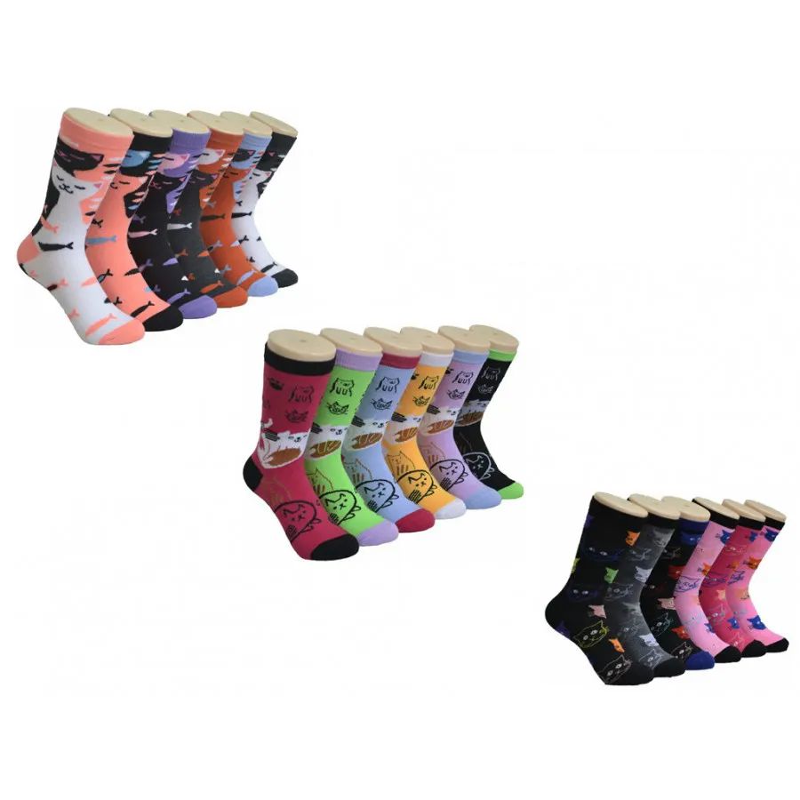 360 Pairs of Ladies Crew Sock Cat Printed Designs - 9 - 11