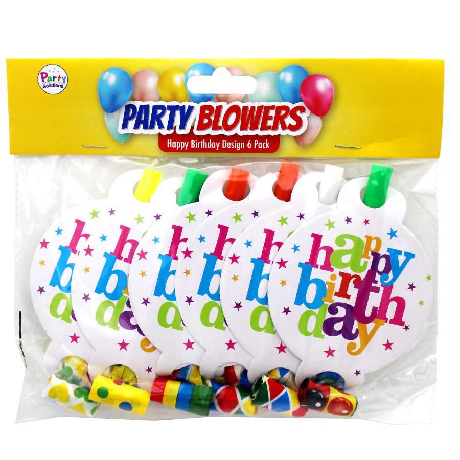24 pieces of Party Solution Party Blowers 6 Pk Happy Birthday Design Assorted Colors