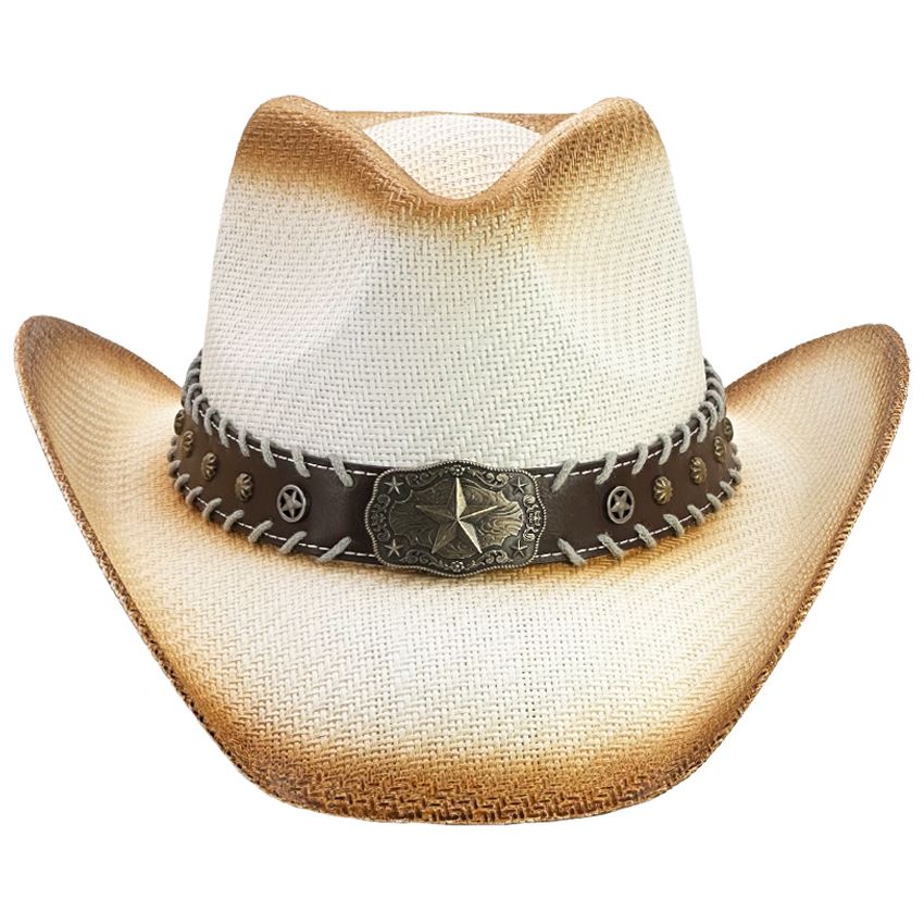12 pieces of Paper Straw Brown Shade Western Cowboy Hat with Star Laced Edge Band