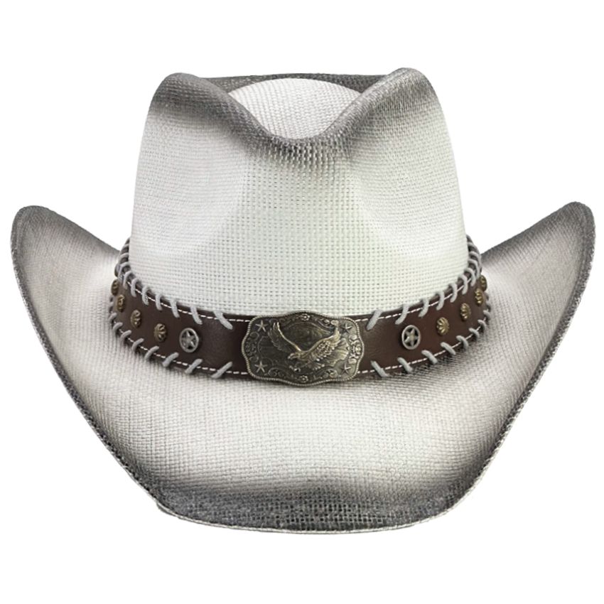 12 pieces of High Quality Paper Straw Black Shade Western Cowboy Hat with Eagle Leather Laced Edge Band