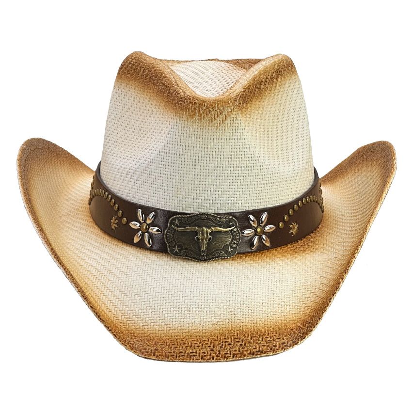 12 pieces of Paper Straw Brown Shade Long Horn Bull Western Cowboy Hat