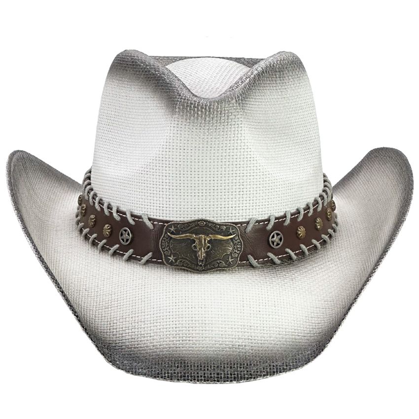 12 pieces of High Quality Paper Straw Black Shade Western Cowboy Hat with Bull Leather Laced Edge Band