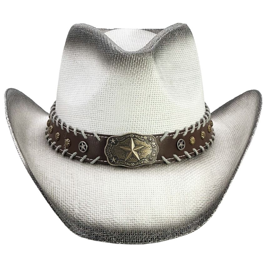 12 pieces of High Quality Paper Straw Black Shade Western Cowboy Hat with Star Leather Laced Edge Band