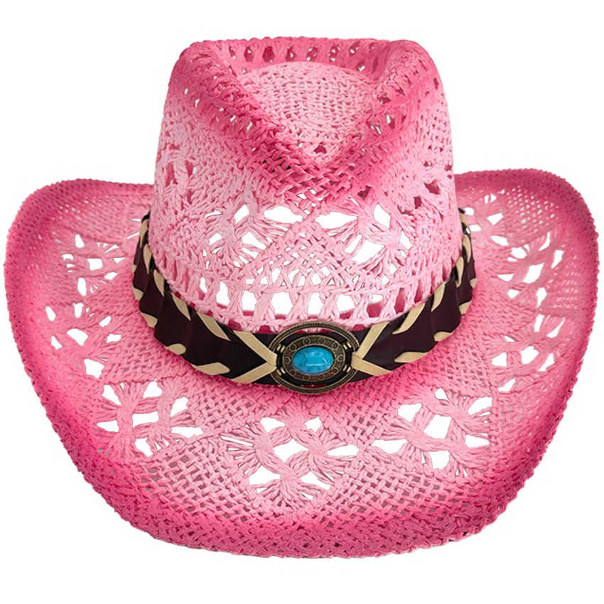 12 pieces Pink Cowboy Hat with Turquoise Beaded Laced Band - Cowboy ...