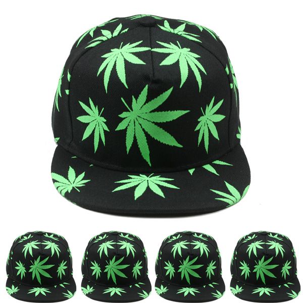 12 pieces of Marijuana Leaf Pattern Adjustable Black Snapback Cap