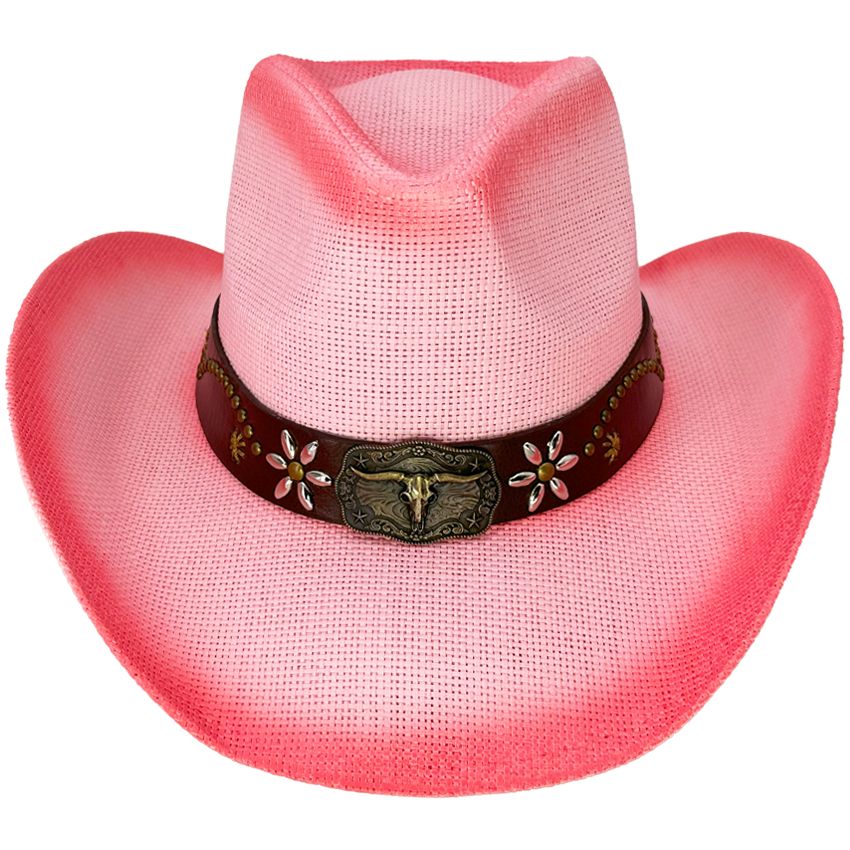 12 pieces of Pink Shade Western Cowboy Hat with Bull Beaded Band