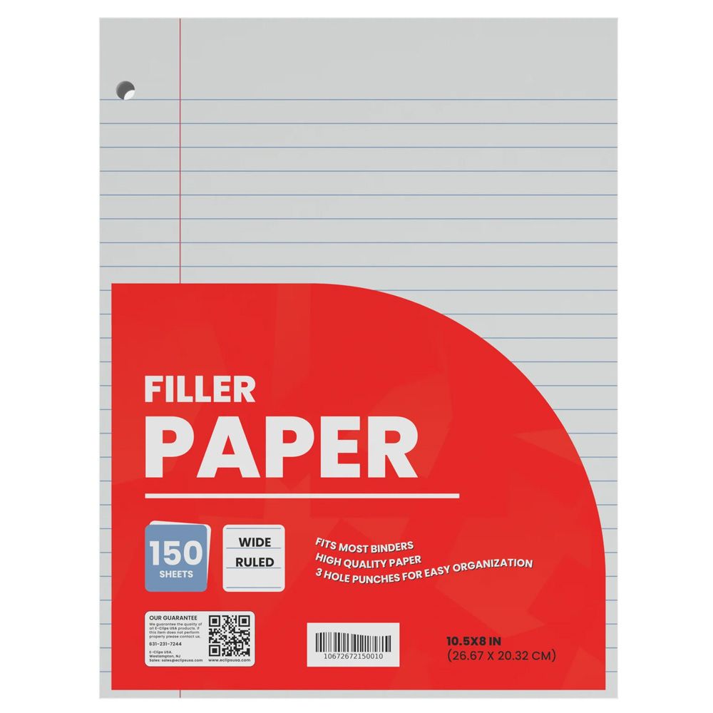 36 Pieces of WidE-Ruled Filler Paper - White LoosE-Leaf, Fits Standard 3-Ring Binder, Pack Of 150 Sheets
