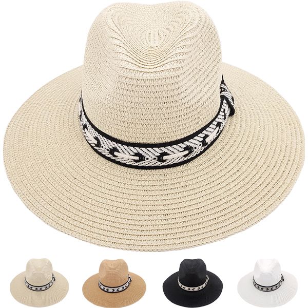12 pieces of Men's Straw Summer Hat - Adjustable Hat with Black Lace Strip