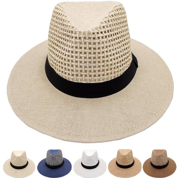 12 pieces of Men's Straw Summer Hat - Wide Brim Hat with Black Strip Assorted Color