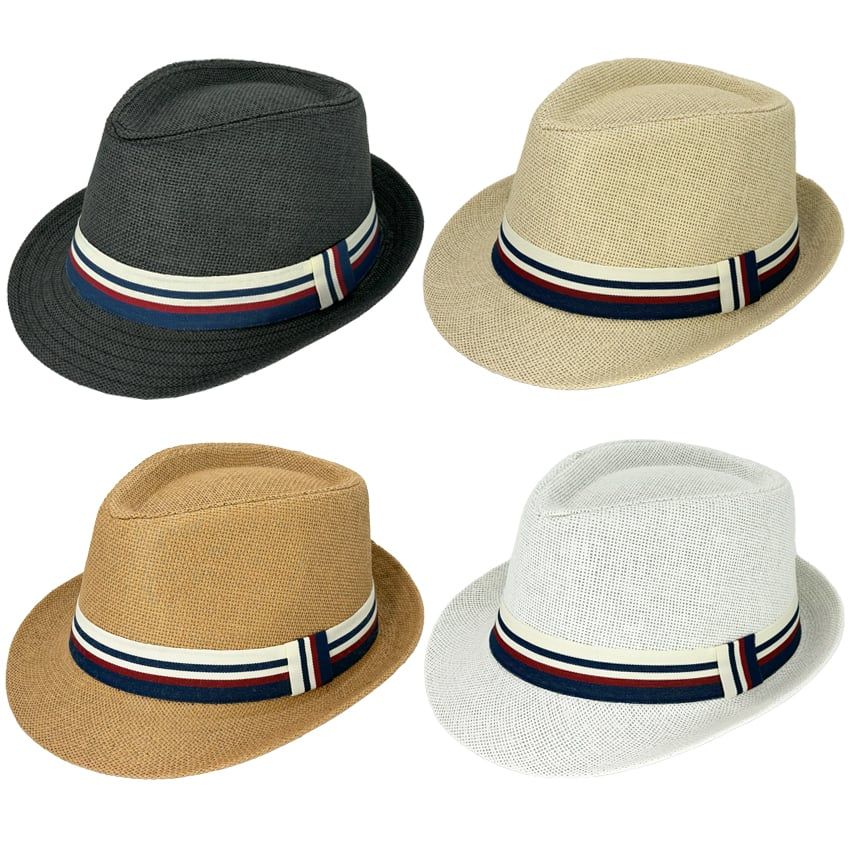12 pieces of Casual Straw Trilby Fedora Hat with Blue-Red-White Strip Band Blue-Red