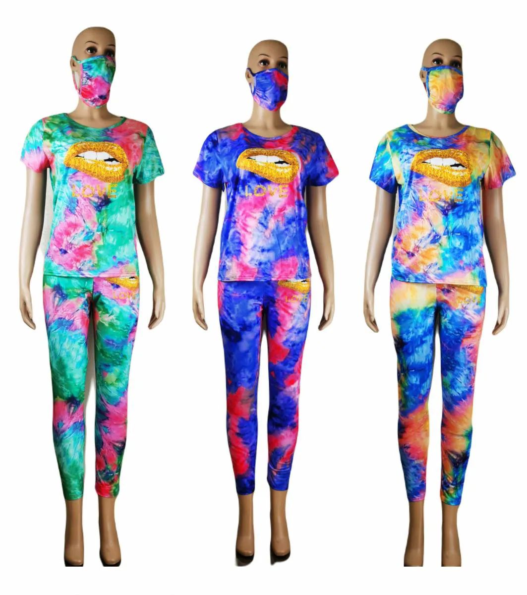 60 Pieces of Women's Tie Dye Short Sleeve Set With Mask