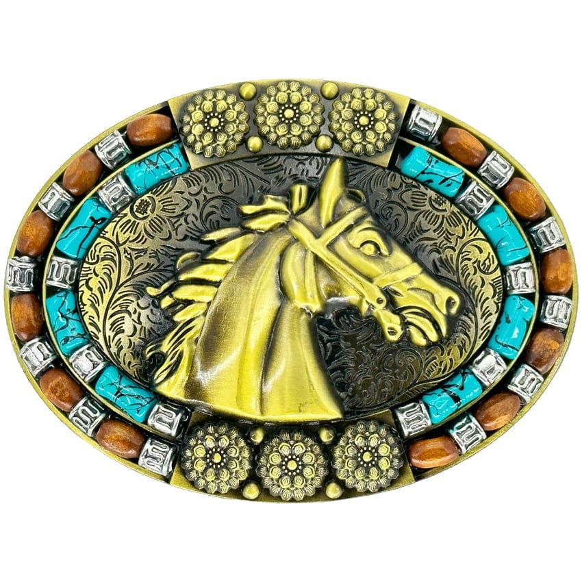 36 Pieces of Horse Design Turquoise and Brown Beaded Western Belt Buckle