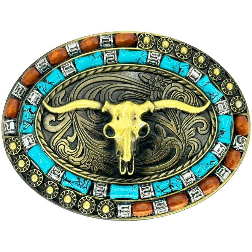 36 Pieces of Bull Design Turquoise and Brown Beaded Western Belt Buckle