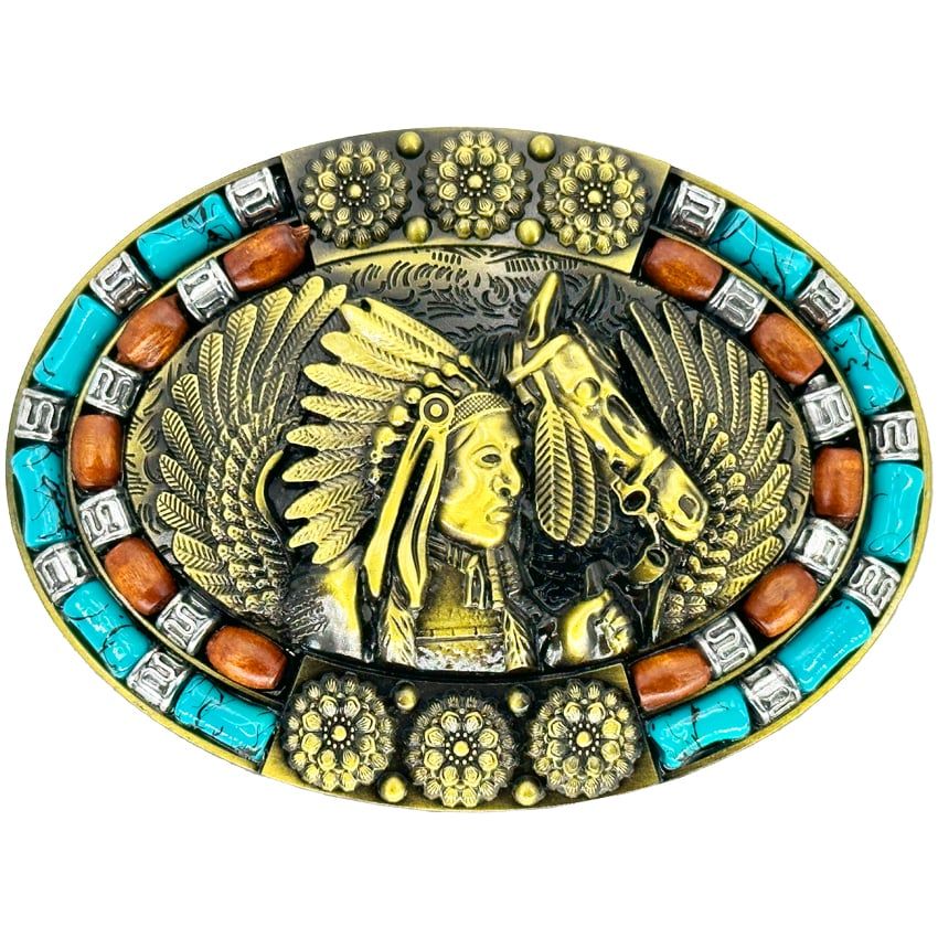36 Pieces of Native American Chief and Horse Design Turquoise and Brown Beaded Western Belt Buckle