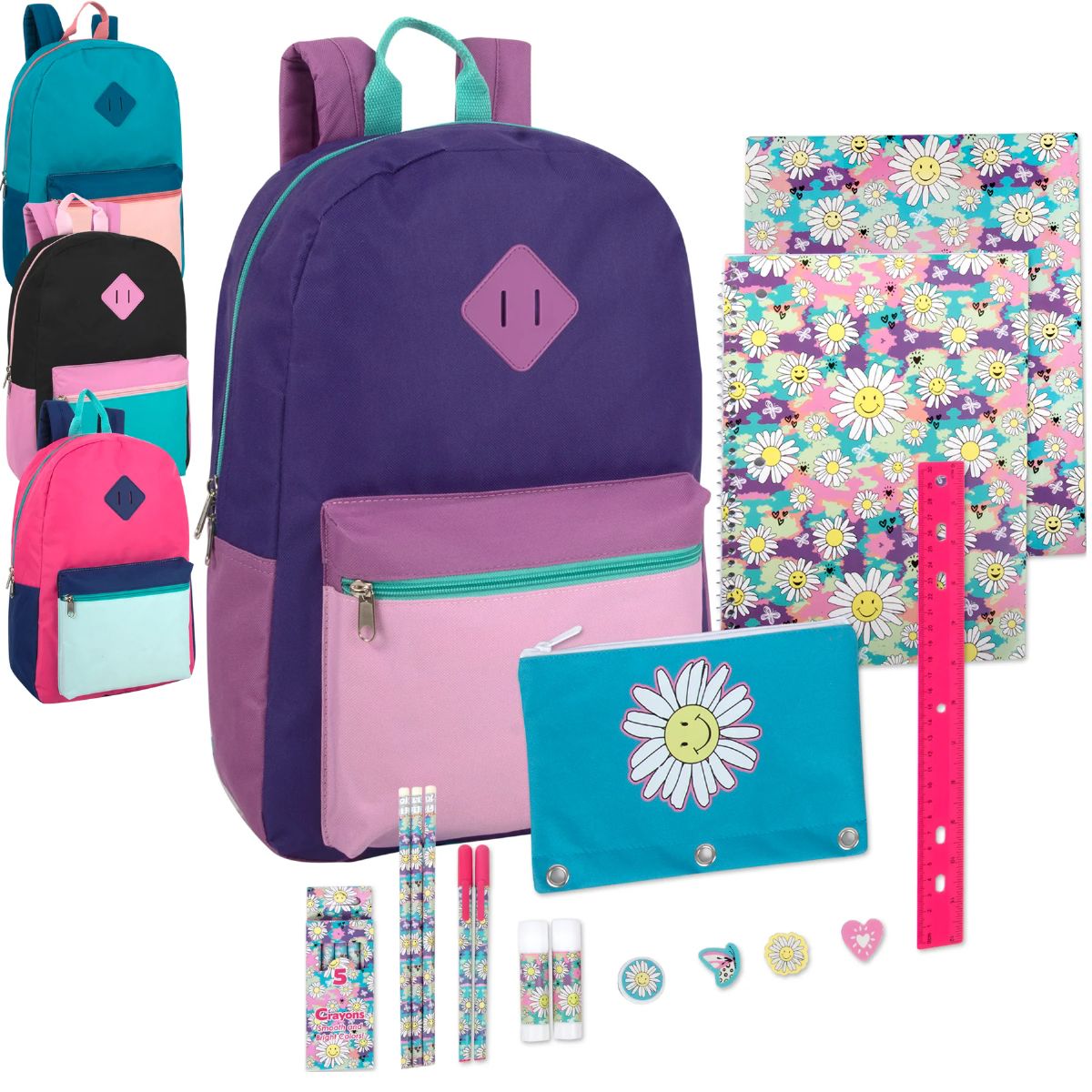 24 Pieces of 17" Multicolor Backpack With Themed 20-Piece School Supply Kit - Girls