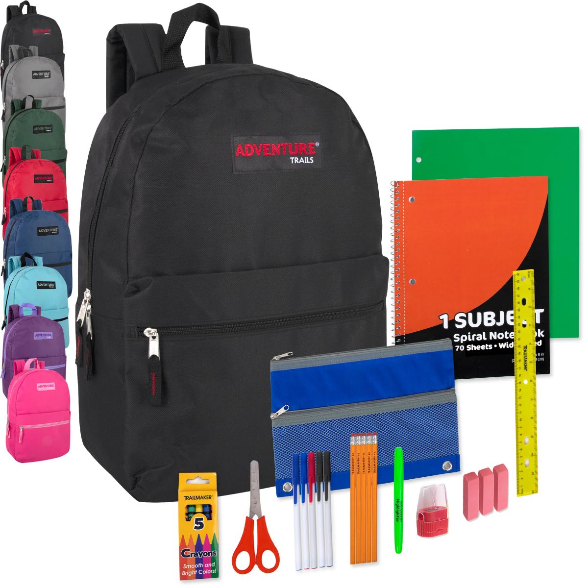 24 Pieces of 17" Classic Backpack 25-Piece School Supply Kit - 8 Colors