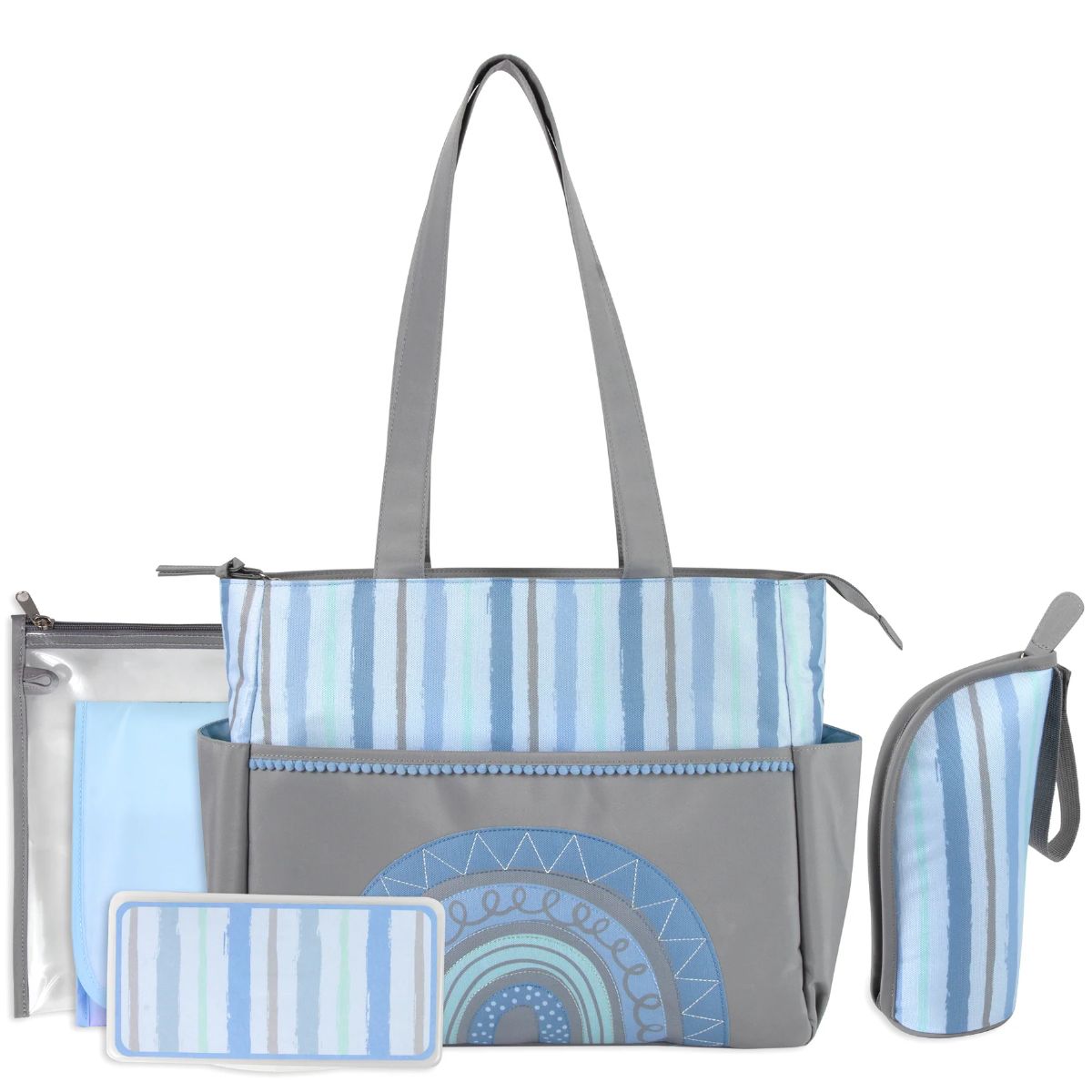 12 Pieces of Baby Essentials Diaper Bag Tote 5 Piece Set Blue Rainbow Themed