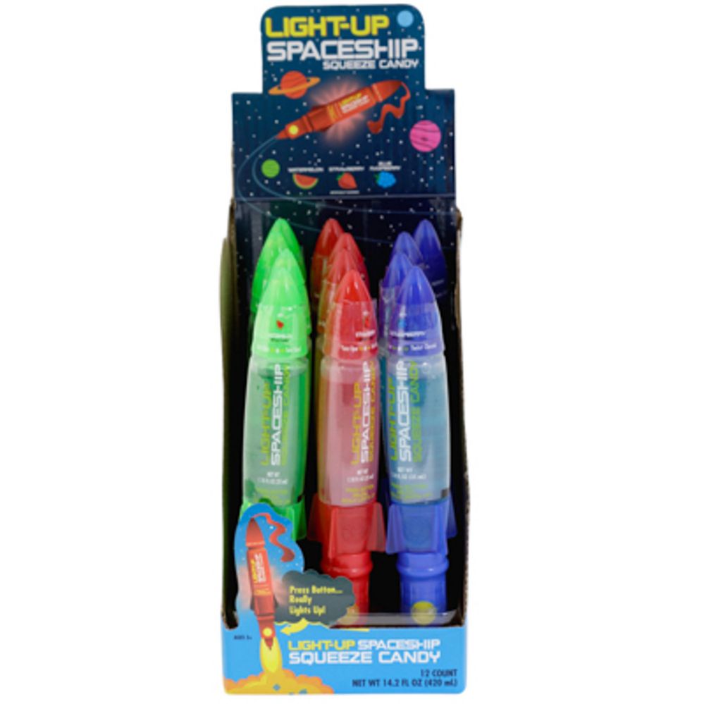 72 pieces of Light Up Spaceship Squeeze Candy 1.18 Oz 3 Assorted In Counter Display