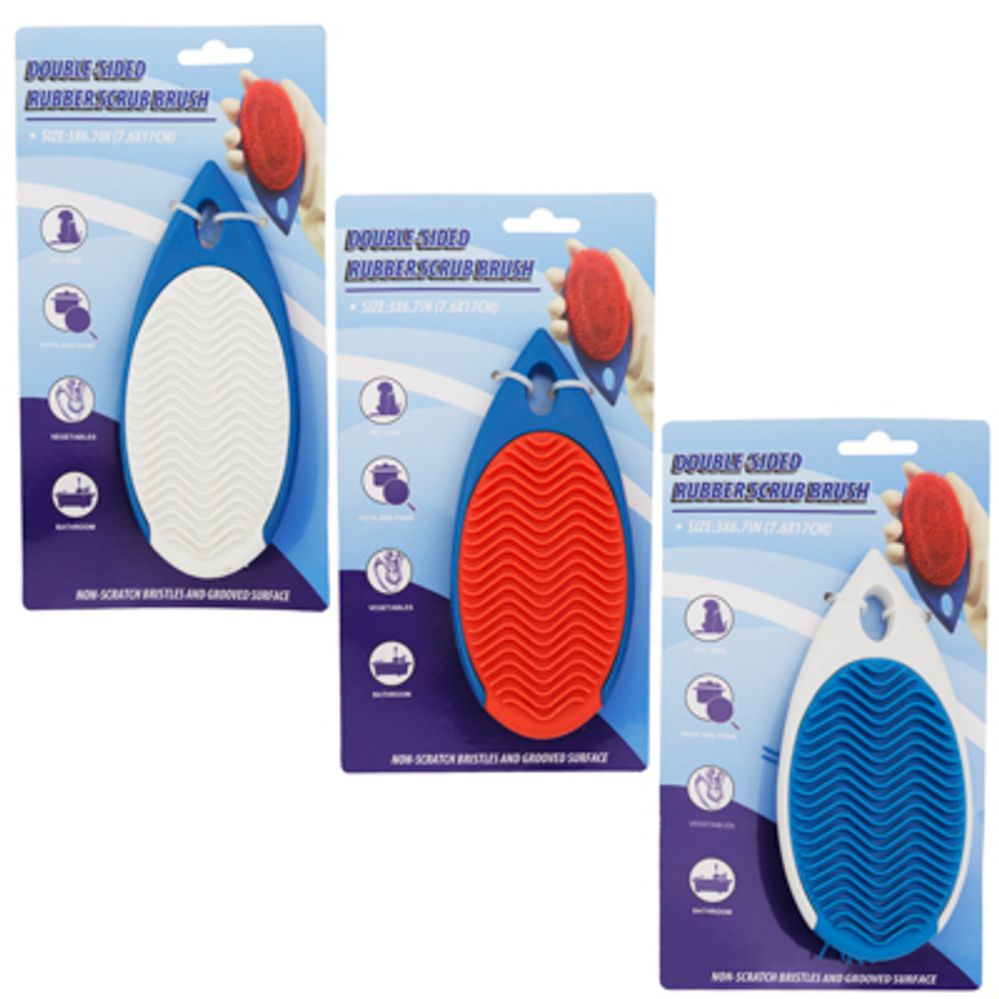12 pieces of Rubber Scrub Brush 2-Sided Multipurpose NoN-Scratch Bristles/grooved 3x6.7in 3ast Colors Tcd