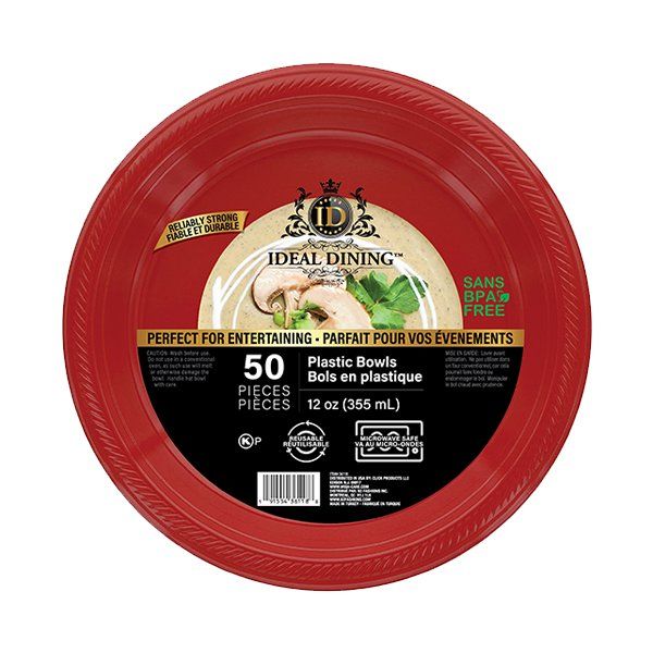 12 pieces of Ideal Dining Plastic Bowl 12oz Red 50CT