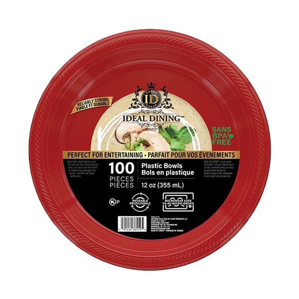 4 pieces of Ideal Dining Plastic Bowl 12oz Red 100CT