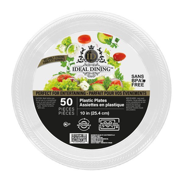 12 pieces of Ideal Dining Plastic Plate 10in White 50CT