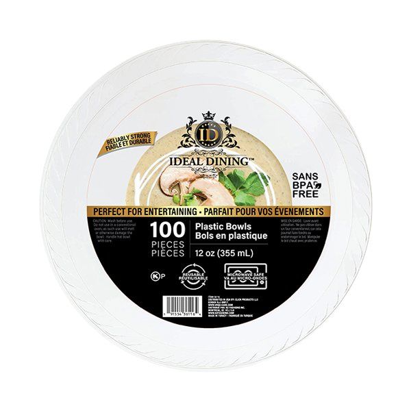 4 pieces of Ideal Dining Plastic Bowl 12oz White 100CT