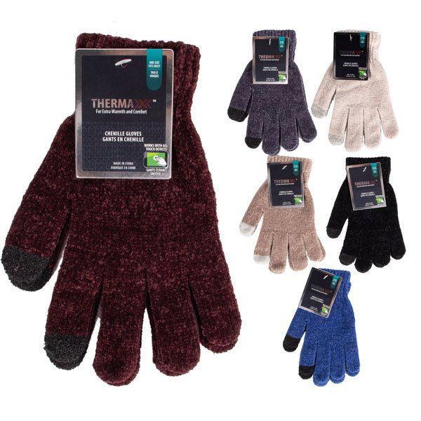 144 pieces of Thermaxxx Chenille Gloves w/ Touch Asst Color
