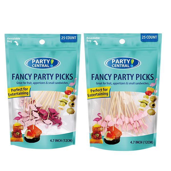 48 pieces of Party Central Fancy Picks 25CT Wood Hearts & Flamingos
