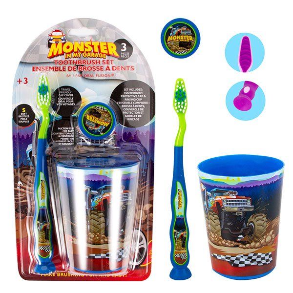 24 pieces Oral Fusion Kids Toothbrush 3PK w/ Cup Monster Truck