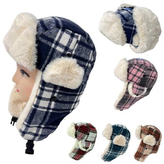 24 Pieces of Youth Plaid Aviator Hat With Fur Trim