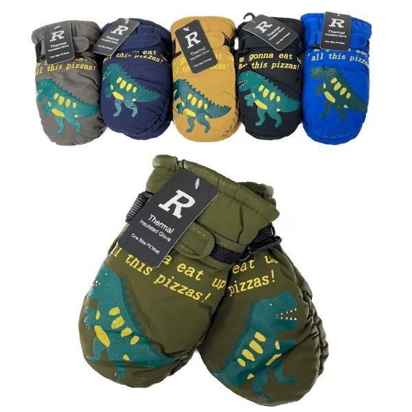 24 Wholesale Boy's Puffy Dinosaur Insulated Mittens - At 