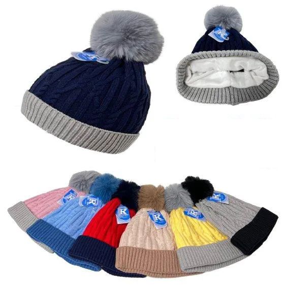 48 Pieces of Children's Two Tone Pom Pom Plush - Lined Cable Knit Hat